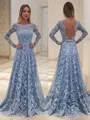 A-line Bateau Long Sleeves Floor-Length Lace Feminine Prom Dress With Ruffles