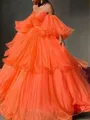 A-line Refined Off-the-Shoulder Long Sleeves Sweep Train Organza Prom Dress With Layers