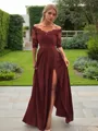 A-line Off-the-Shoulder Timeless 1/2 Sleeves Floor-Length Stretch Crepe Prom Dress With Slit