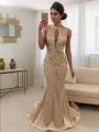 Trumpet/Mermaid Halter Sleeveless Sweep Train Satin Elegant Prom Dress With Sequins