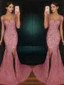 Minimalist Sheath/Column Sweetheart Sleeveless Sweep Train Tulle Corset Prom Dress With Slit