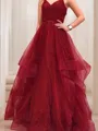 A-line Spaghetti Straps Sleeveless Floor-Length Chic Tulle Prom Dress With Ruffles