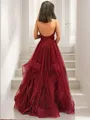A-line Spaghetti Straps Sleeveless Floor-Length Chic Tulle Prom Dress With Ruffles