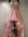 Ball-Gown Princess Halter Sleeveless Asymmetrical Tulle Grand Prom Dress With Beading