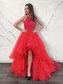 Ball-Gown Princess Halter Sleeveless Asymmetrical Tulle Grand Prom Dress With Beading