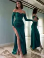 Classic Sheath/Column Off-the-Shoulder Long Sleeves Floor-Length Satin Corset Prom Dress With Slit