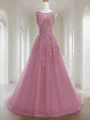 A-line Princess Scoop Sleeveless Sweep Train Trendy Tulle Prom Dress With Applique