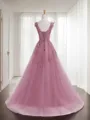 A-line Princess Scoop Sleeveless Sweep Train Trendy Tulle Prom Dress With Applique