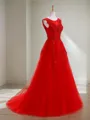 A-line Princess Scoop Sleeveless Sweep Train Trendy Tulle Prom Dress With Applique