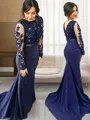 Trumpet/Mermaid Exquisite Scoop Long Sleeves Sweep Train Silk like Satin Prom Dress With Lace