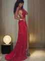 Dazzling Sheath/Column Spaghetti Straps Sleeveless Sweep Train Open Back Sequins Prom Dress