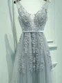 A-line Princess V-Neck Sleeveless Floor-Length Charming Tulle Prom Dress With Applique