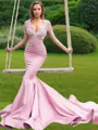 Trumpet/Mermaid V-Neck Long Sleeves Court Train Satin Ariel Prom Dress With Applique