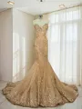 Trumpet/Mermaid Sweetheart Sleeveless Sweep Train Fitted Tulle Prom Dress With Sequins