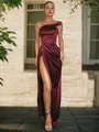 Sheath/Column Modest One-Shoulder Sleeveless Floor-Length Silk like Satin Prom Dress With Slit