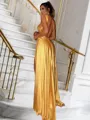 A-line Halter Sleeveless Dazzling Sweep Train Open Back Silk like Satin Prom Dress