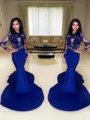 Trumpet/Mermaid Scoop Elegant Long Sleeves Sweep Train Silk like Satin Prom Dress With Lace