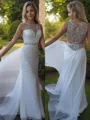 A-line Bateau Sleeveless Graceful Sweep Train Chiffon Corset Prom Dress With Beading