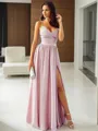 A-line Elegant Spaghetti Straps Sleeveless Floor-Length Silk like Satin Prom Dress With Applique