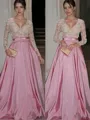 A-line V-Neck Long Sleeves Floor-Length Taffeta Modest Prom Dress With Lace