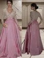 A-line V-Neck Long Sleeves Floor-Length Taffeta Modest Prom Dress With Lace