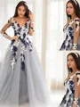 Chic A-line Princess V-Neck Long Sleeves Floor-Length Tulle Prom Dress With Applique