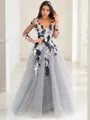 Chic A-line Princess V-Neck Long Sleeves Floor-Length Tulle Prom Dress With Applique
