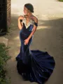 Trumpet/Mermaid Off-the-Shoulder Sleeveless Sweep Train Show-stopping Velvet Prom Dress With Applique