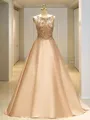 Ball-Gown Bateau Sleeveless Sweep Train Enchanting Satin Prom Dress With Beading