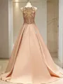Ball-Gown Bateau Sleeveless Sweep Train Enchanting Satin Prom Dress With Beading