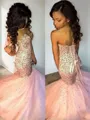 Trumpet/Mermaid Flair Sweetheart Sleeveless Sweep Train Tulle Prom Dress With Sequins
