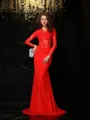 Sheath/Column Scoop Long Sleeves Chic Court Train Chiffon Prom Dress With Lace