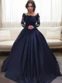 Ball-Gown Bateau Long Sleeves Sweep Train Graceful Satin Prom Dress With Applique