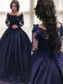 Ball-Gown Bateau Long Sleeves Sweep Train Graceful Satin Prom Dress With Applique