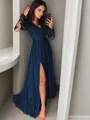 A-line Chic V-Neck Long Sleeves Sweep Train Satin Chiffon Prom Dress With Applique