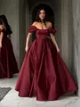 A-line Off-the-Shoulder Dreamy Sleeveless Floor-Length Satin Prom Dress With Sash