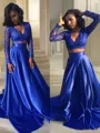 A-line V-Neck Long Sleeves Sweep Train Trendy Satin Prom Dress With Lace