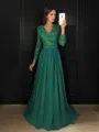 A-line V-Neck Long Sleeves Sweep Train Chiffon Glam Prom Dress With Lace