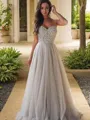 A-line Princess Dazzling Spaghetti Straps Sleeveless Sweep Train Tulle Corset Prom Dress With Beading