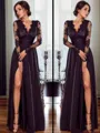 A-line V-Neck Long Sleeves Floor-Length Classy Satin Chiffon Prom Dress With Slit