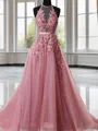 A-line Princess Halter Elegant Sleeveless Sweep Train Tulle Prom Dress With Applique