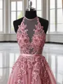 A-line Princess Halter Elegant Sleeveless Sweep Train Tulle Prom Dress With Applique