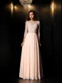 A-line Scoop 3/4 Sleeves Floor-Length Timeless Chiffon Prom Dress With Beading