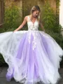 A-line Princess V-Neck Stylish Sleeveless Sweep Train Tulle Prom Dress