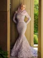 Trumpet/Mermaid Scoop Long Sleeves Sweep Train Seductive Lace Prom Dress With Ruffles