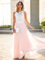 A-line Jewel Sleeveless Floor-Length Chiffon Simple Prom Dress With Lace