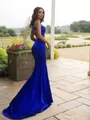 Sheath/Column Halter Sleeveless Sweep Train Graceful Satin Prom Dress With Ruched