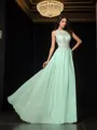 A-line High Neck Sleeveless Sweep Train Chiffon Refined Prom Dress With Applique