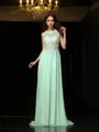 A-line High Neck Sleeveless Sweep Train Chiffon Refined Prom Dress With Applique