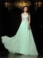 A-line High Neck Sleeveless Sweep Train Chiffon Refined Prom Dress With Applique